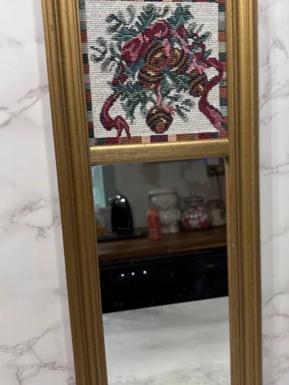 Gold Framed Wall Mirror with Floral Needlepoint Tapestry Accent
